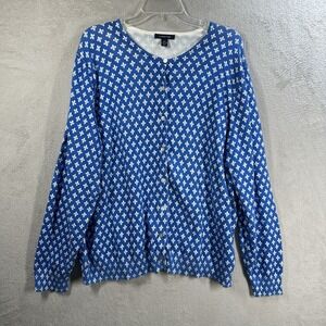 Lands' End Blue Fleur-De-Lis Print Cardigan Women's Plus Size 2X Preppy Casual